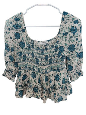 American Eagle Floral Smocked Peplum Top Womens XS Blue Green Flowy Boho Peasant